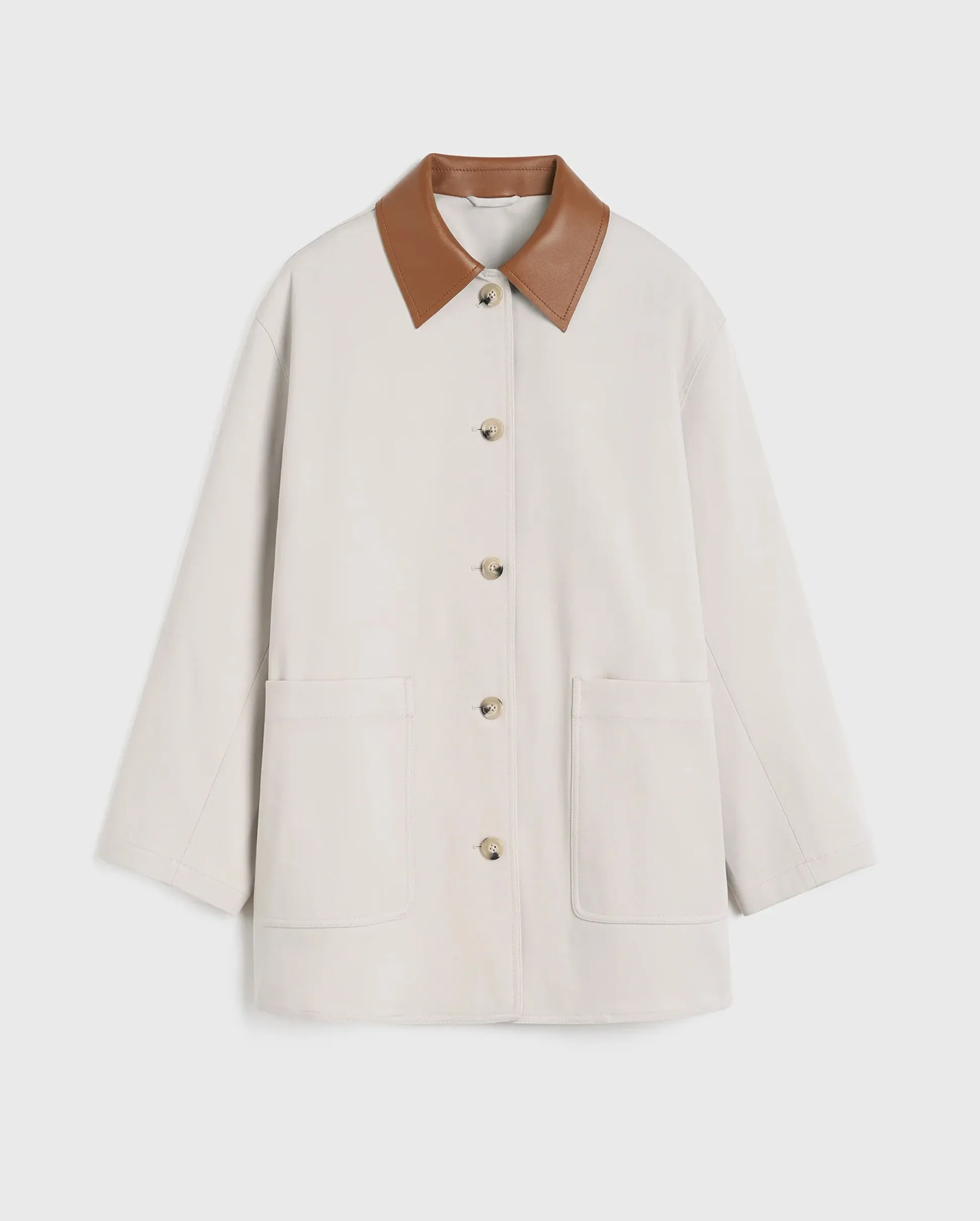 LEATHER-COLLAR COTTON BARN JACKET / PEBBLE