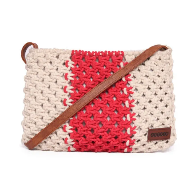 Natural/Red Macrame Crossbody Sling Bag