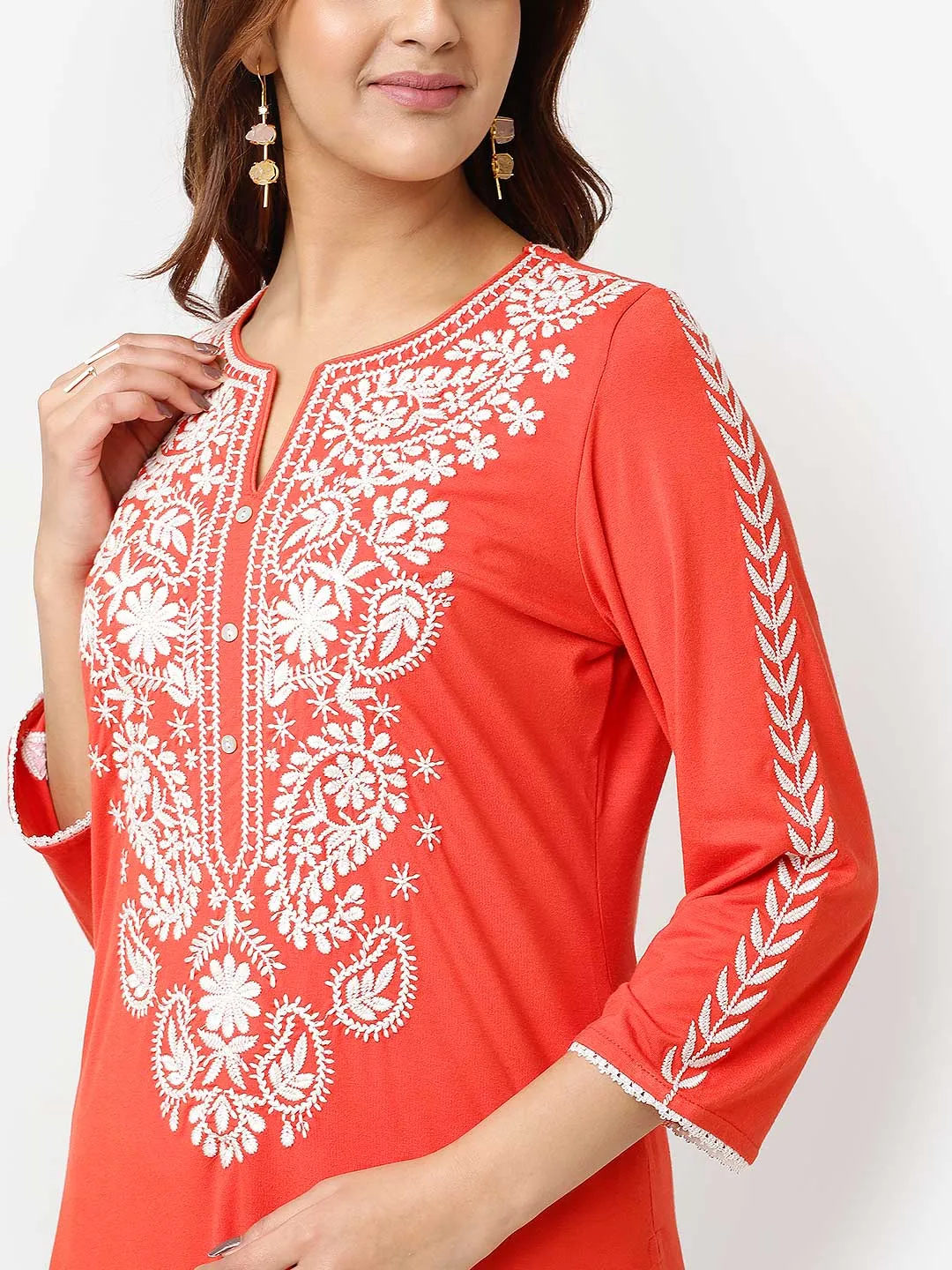 Orange Straight Kurta for Women with Threadwork