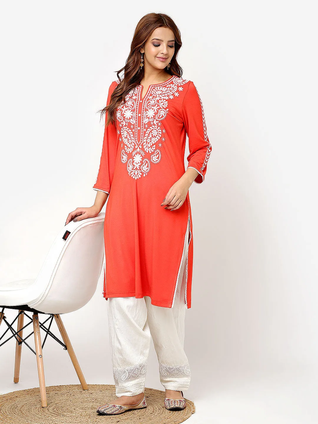 Orange Straight Kurta for Women with Threadwork