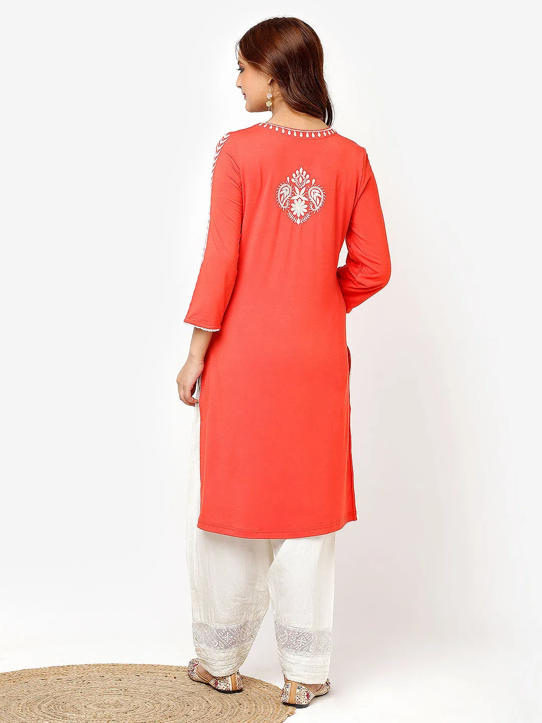 Orange Straight Kurta for Women with Threadwork